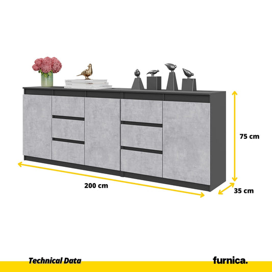 MIKEL - Komoda se 6 šuplíky a 3 dveřmi - Skříň na oblečení do ložnice - Anthracit / Beton - Výška 75 cm, šířka 200 cm, hloubka 35 cm.