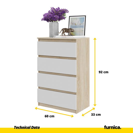 GABRIEL - Komoda se 4 zásuvkami - Skříň na oblečení do ložnice - Sonoma dub / bílý matný povrch - Výška 92 cm, šířka 60 cm, hloubka 33 cm.