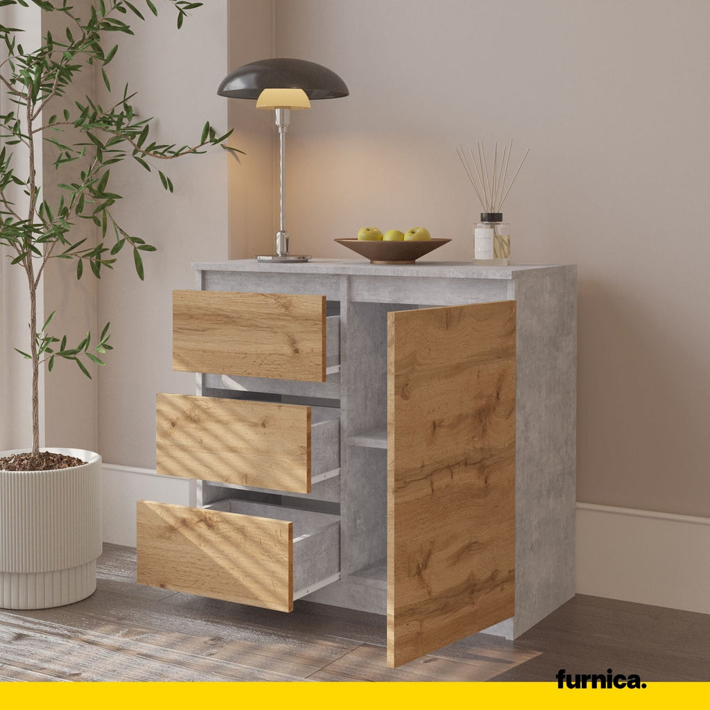 MIKEL - Komoda se 3 šuplíky a 1 dveřmi - Skříň na oblečení do ložnice - Beton / Wotan dub H75cm Š80cm D35cm