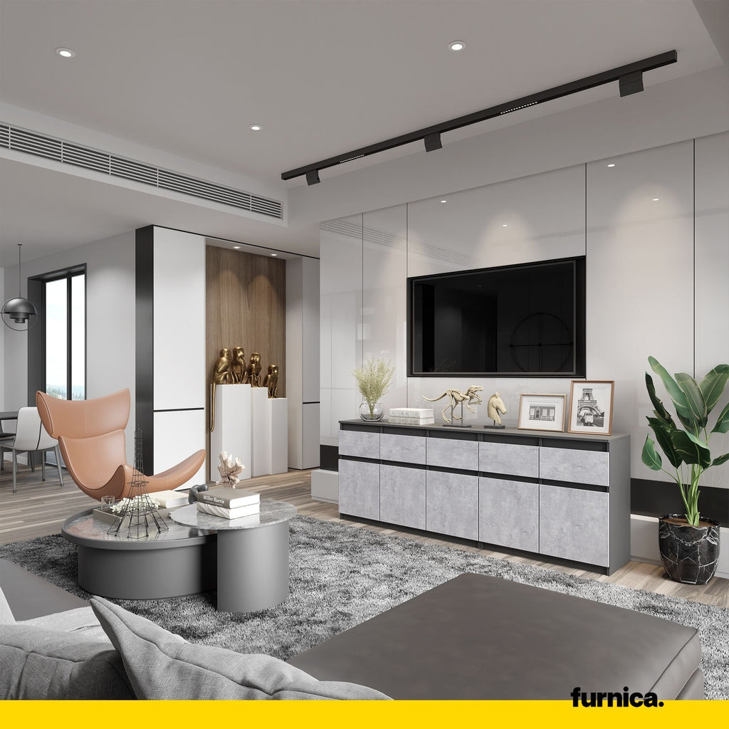 NOAH - Komoda se 5 šuplíky a 5 dveřmi - Skříň na uložení oblečení do ložnice - Anthracit / Beton - Výška 75 cm, šířka 200 cm, hloubka 35 cm.