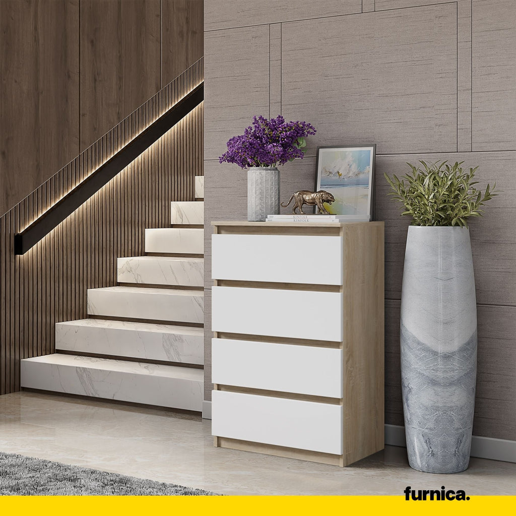 GABRIEL - Komoda se 4 zásuvkami - Skříň na oblečení do ložnice - Sonoma dub / bílý matný povrch - Výška 92 cm, šířka 60 cm, hloubka 33 cm.