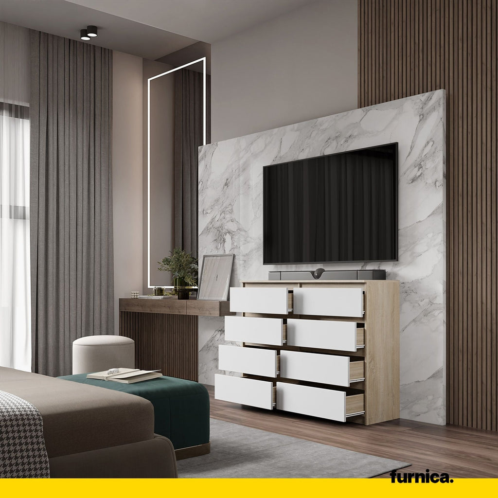 GABRIEL - Komoda se 8 šuplíky - Skříň na oblečení do ložnice - Sonoma dub / bílá H92cm Š120cm D33cm