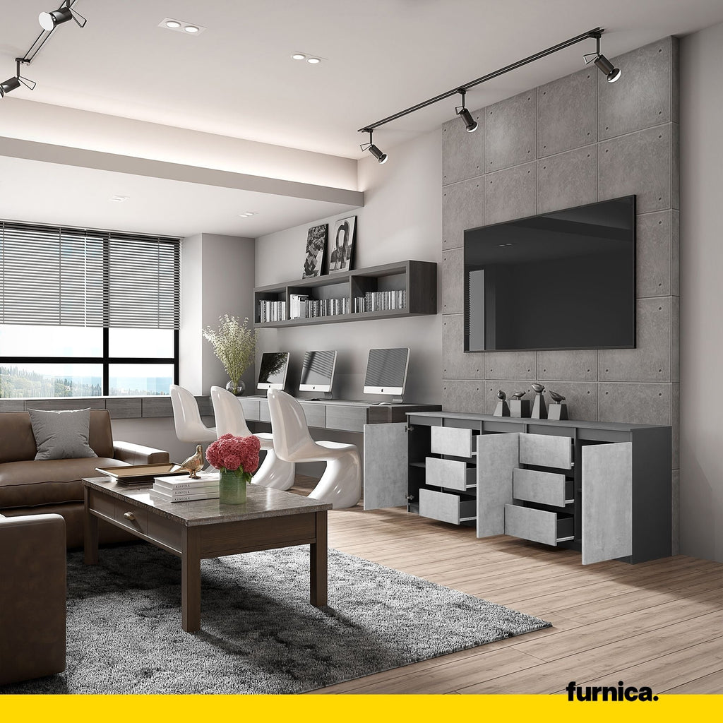 MIKEL - Komoda se 6 šuplíky a 3 dveřmi - Skříň na oblečení do ložnice - Anthracit / Beton - Výška 75 cm, šířka 200 cm, hloubka 35 cm.