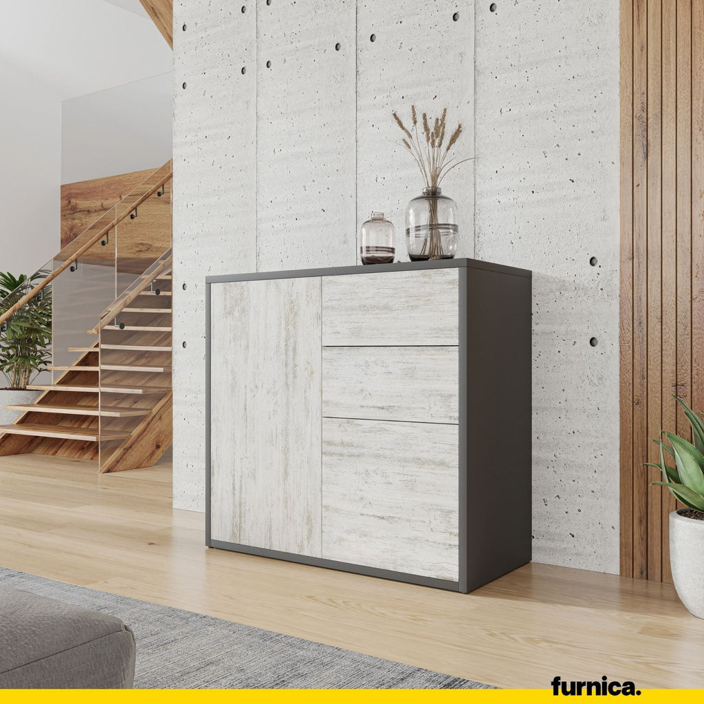 CAMILLE - Skříň s dvěma dveřmi a dvěma šuplíky s funkcí push to open - antracit / bílá borovice H74cm W80cm D36cm