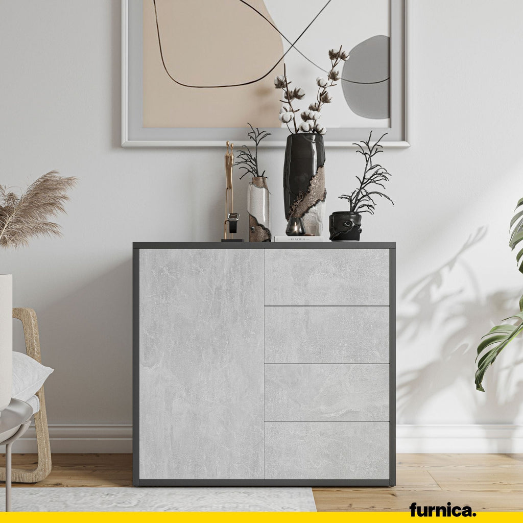 CAMILLE - Skříň s dvířky a 4 zásuvkami s funkcí push to open - antracit / betonová barva H74cm W80cm D36cm