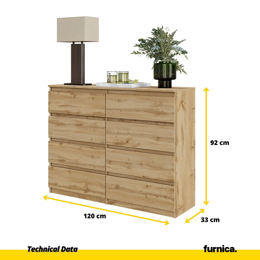GABRIEL - Komoda se 8 šuplíky - Skříň na oblečení do ložnice - úložný prostor - Wotan dub - V92cm Š120cm H33cm