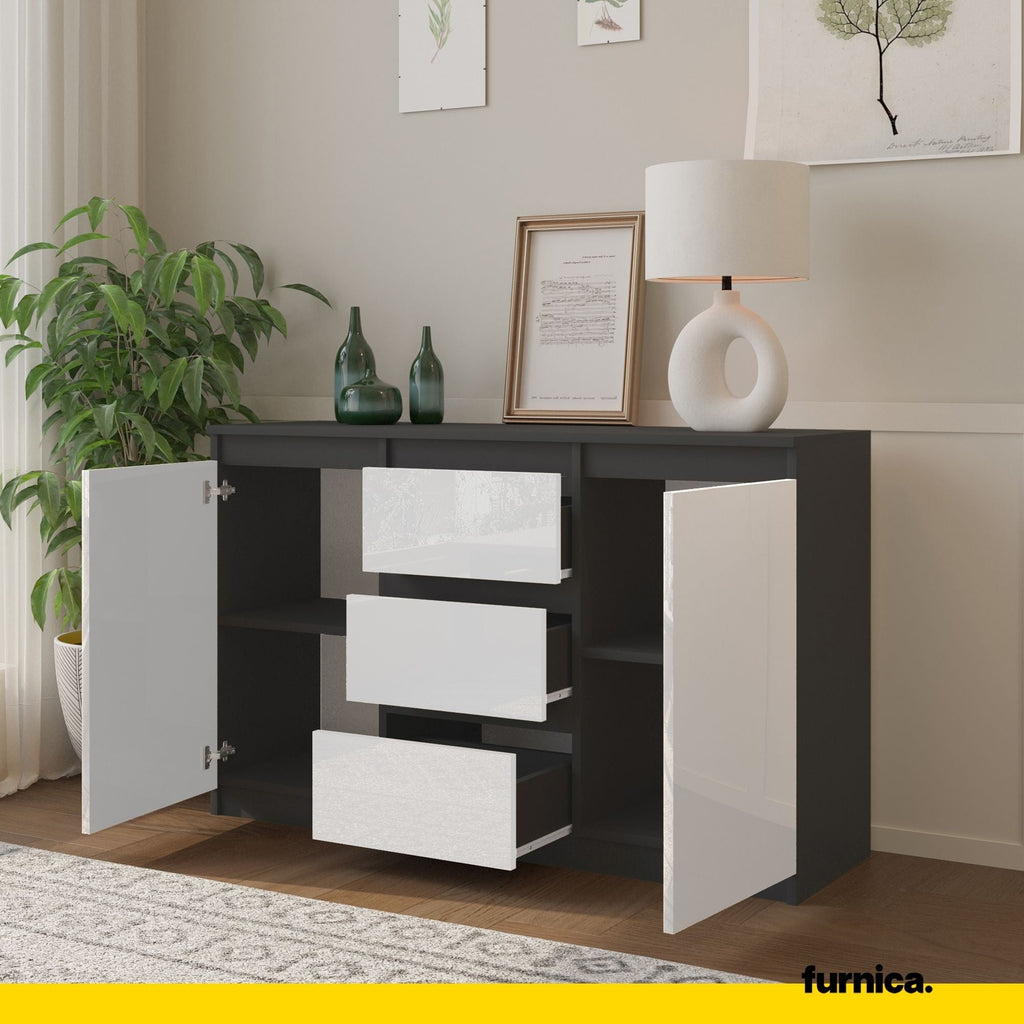 MIKEL - Komoda se 3 šuplíky a 2 dveřmi - Skříň na oblečení do ložnice - Anthracit / Bílý lesk H75cm W120cm D35cm