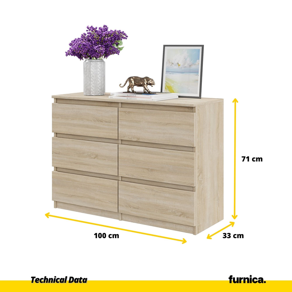 GABRIEL - Komoda se 6 šuplíky - Skříň na oblečení do ložnice - Sonoma dub - Výška 71 cm, šířka 100 cm, hloubka 33 cm.