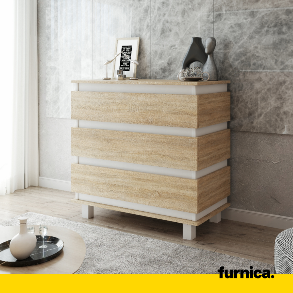 MARGARET - Komoda se 3 zásuvkami - Skříň na oblečení do ložnice - Bílý mat / Sonoma dub - V: 86 cm, Š: 83 cm, H: 44 cm