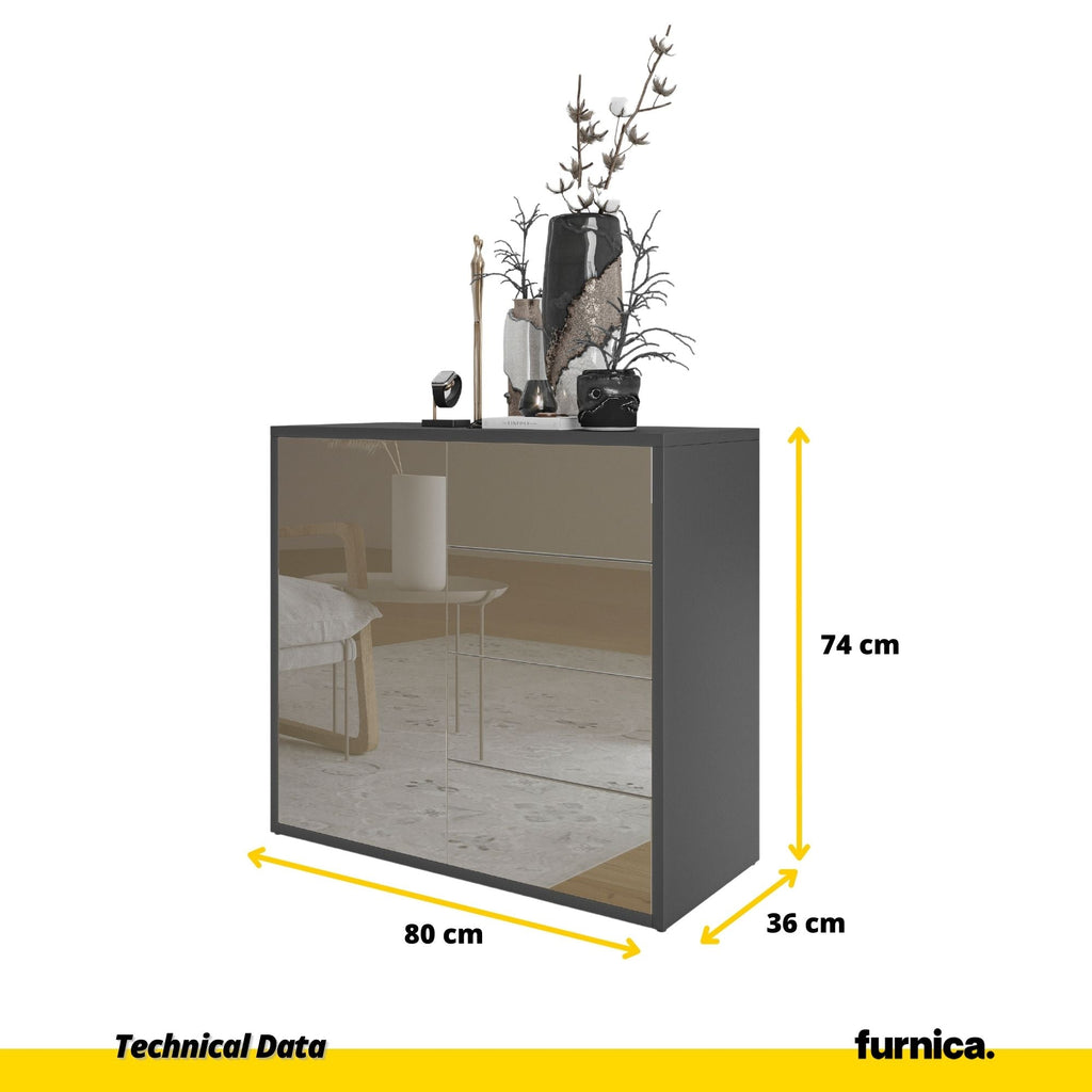 CAMILLE - Skříň s dvířky a 4 zásuvkami s funkcí push to open - antracit / cappuccino lesk H74cm W80cm D36cm