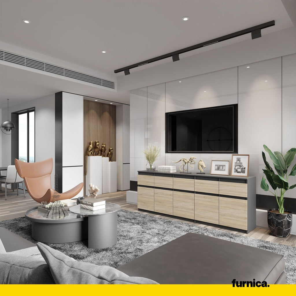 NOAH - Komoda se 5 šuplíky a 5 dveřmi - Skříň na uložení oblečení do ložnice - Anthracit / Sonoma dub - Výška 75 cm, šířka 200 cm, hloubka 35 cm.