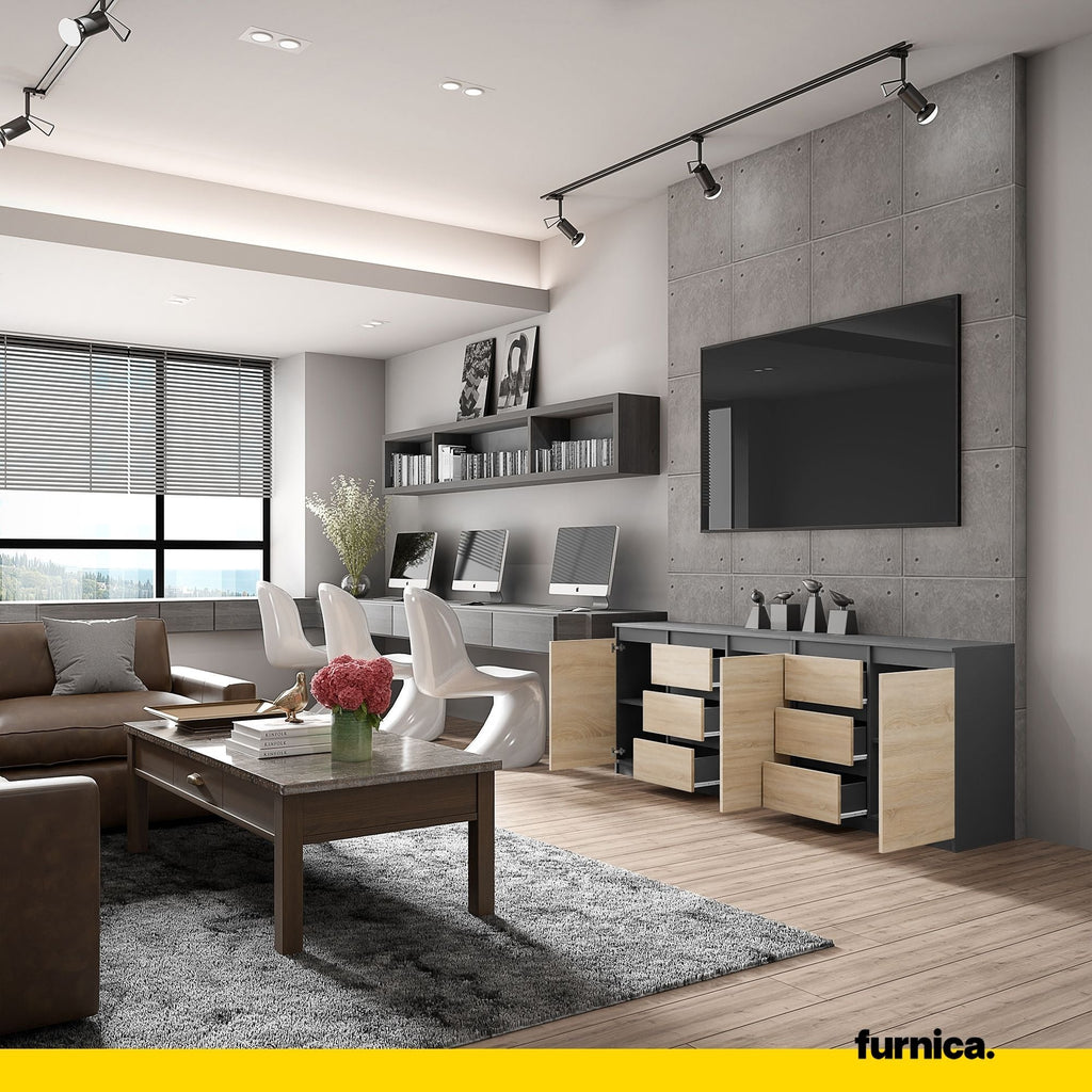 MIKEL - Komoda se 6 šuplíky a 3 dveřmi - Skříň na oblečení do ložnice - Anthracit / Sonoma dub - Výška 75 cm, šířka 200 cm, hloubka 35 cm.