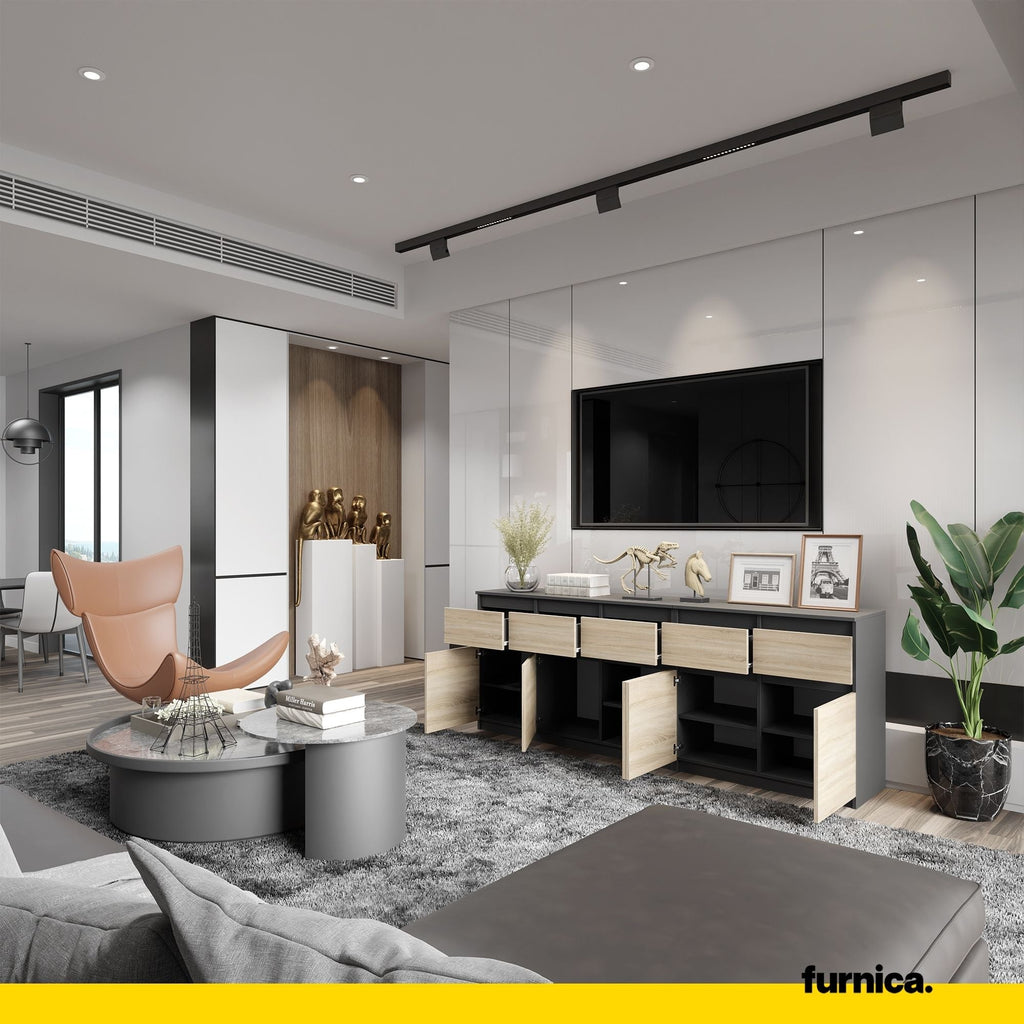 NOAH - Komoda se 5 šuplíky a 5 dveřmi - Skříň na uložení oblečení do ložnice - Anthracit / Sonoma dub - Výška 75 cm, šířka 200 cm, hloubka 35 cm.