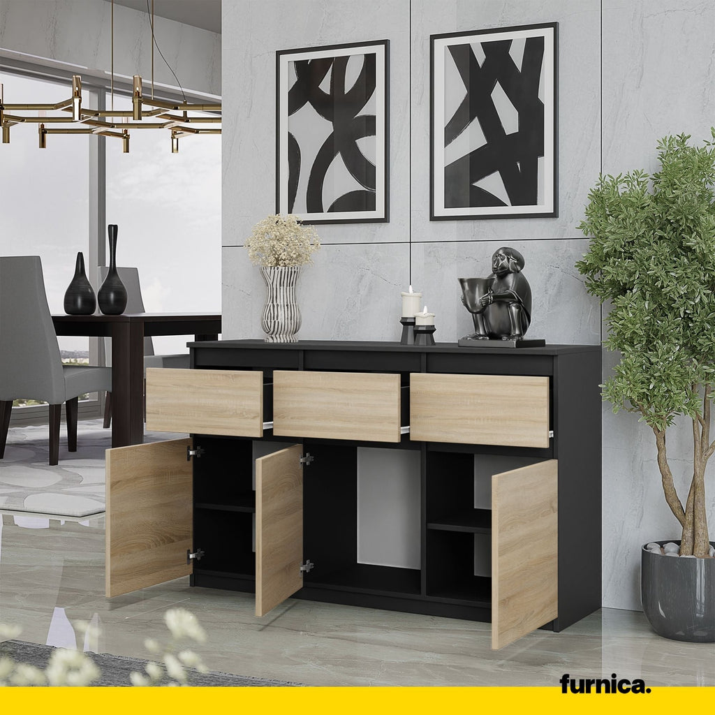 NOAH - Komoda se 3 šuplíky a 3 dveřmi - Skříň na uložení oblečení do ložnice - Anthracit / Sonoma dub - Výška 75 cm, šířka 120 cm, hloubka 35 cm.