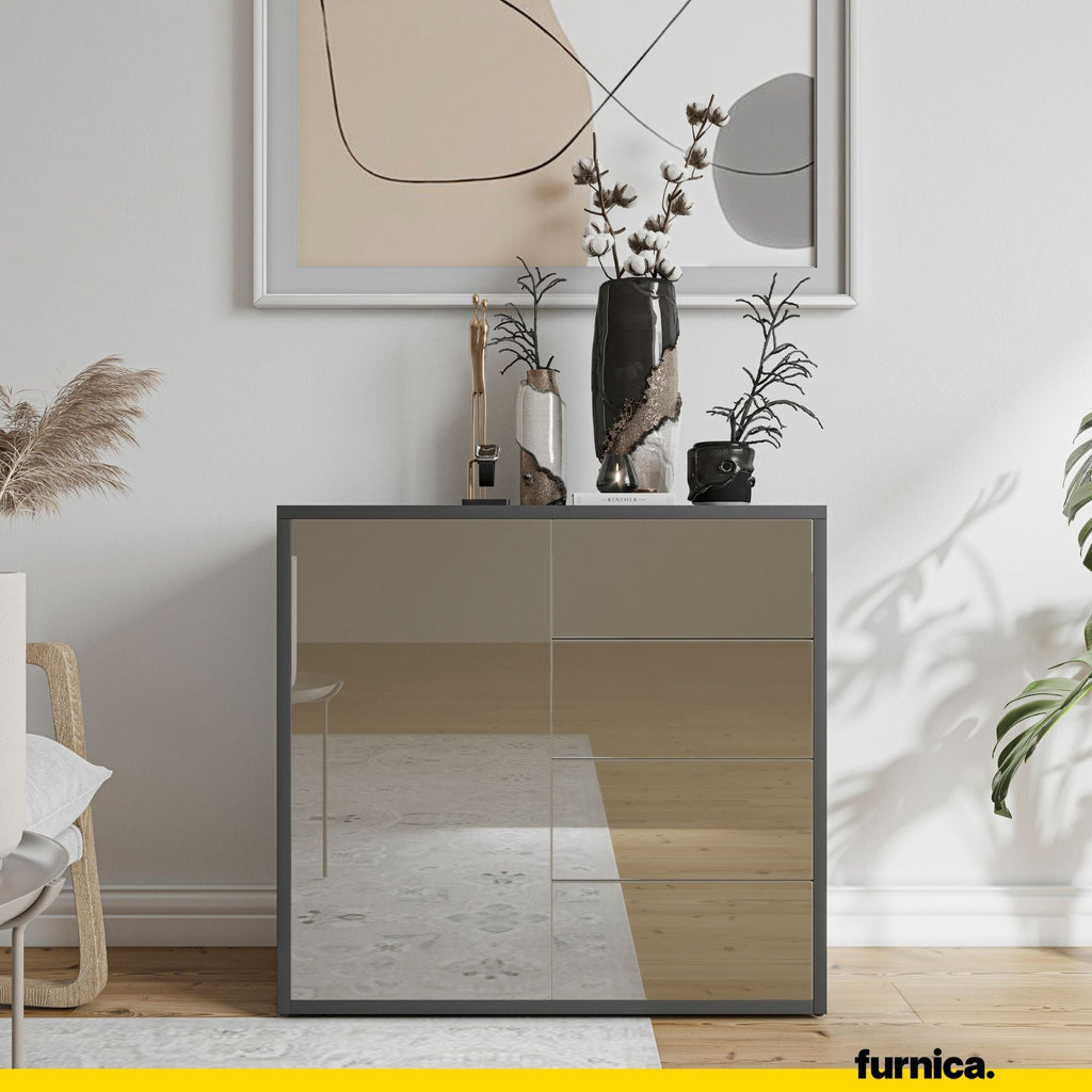 CAMILLE - Skříň s dvířky a 4 zásuvkami s funkcí push to open - antracit / cappuccino lesk H74cm W80cm D36cm