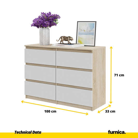 GABRIEL - Komoda se 6 šuplíky - Skříň na oblečení do ložnice - Sonoma dub / bílá H71cm Š100cm D33cm