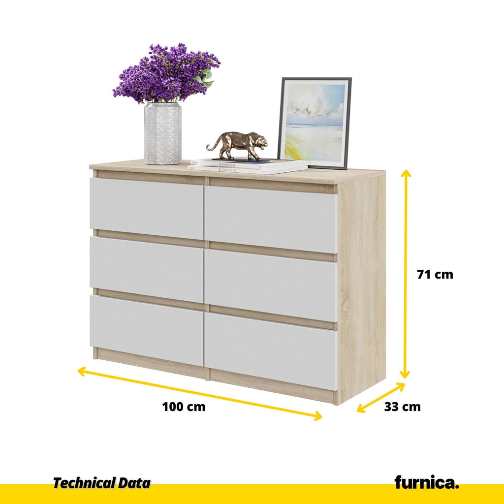 GABRIEL - Komoda se 6 šuplíky - Skříň na oblečení do ložnice - Sonoma dub / bílá H71cm Š100cm D33cm