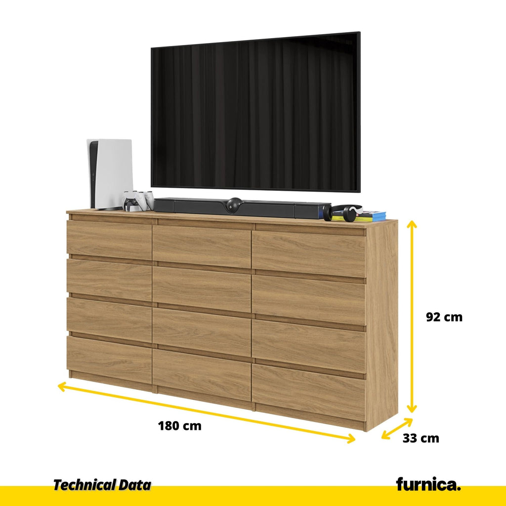 GABRIEL - Komoda se 12 šuplíky (8+4) - Skříň na oblečení do ložnice - Lancelot dub H92cm Š180cm D33cm