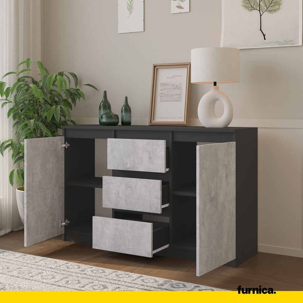 MIKEL - Komoda se 3 šuplíky a 2 dveřmi - Skříň na oblečení do ložnice - Anthracit / Beton - Výška 75 cm, šířka 120 cm, hloubka 35 cm.