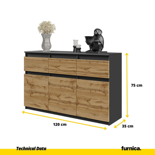NOAH - Komoda se 3 šuplíky a 3 dveřmi - Skříň na uložení oblečení do ložnice - Anthracit / Wotan dub H75cm W120cm D35cm
