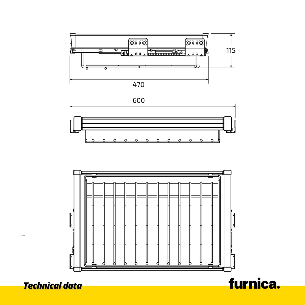 Výsuvný závěs na kalhoty 2 pro skříňku o šířce 60 cm s tlumeným zavíráním - jedna police - šedá