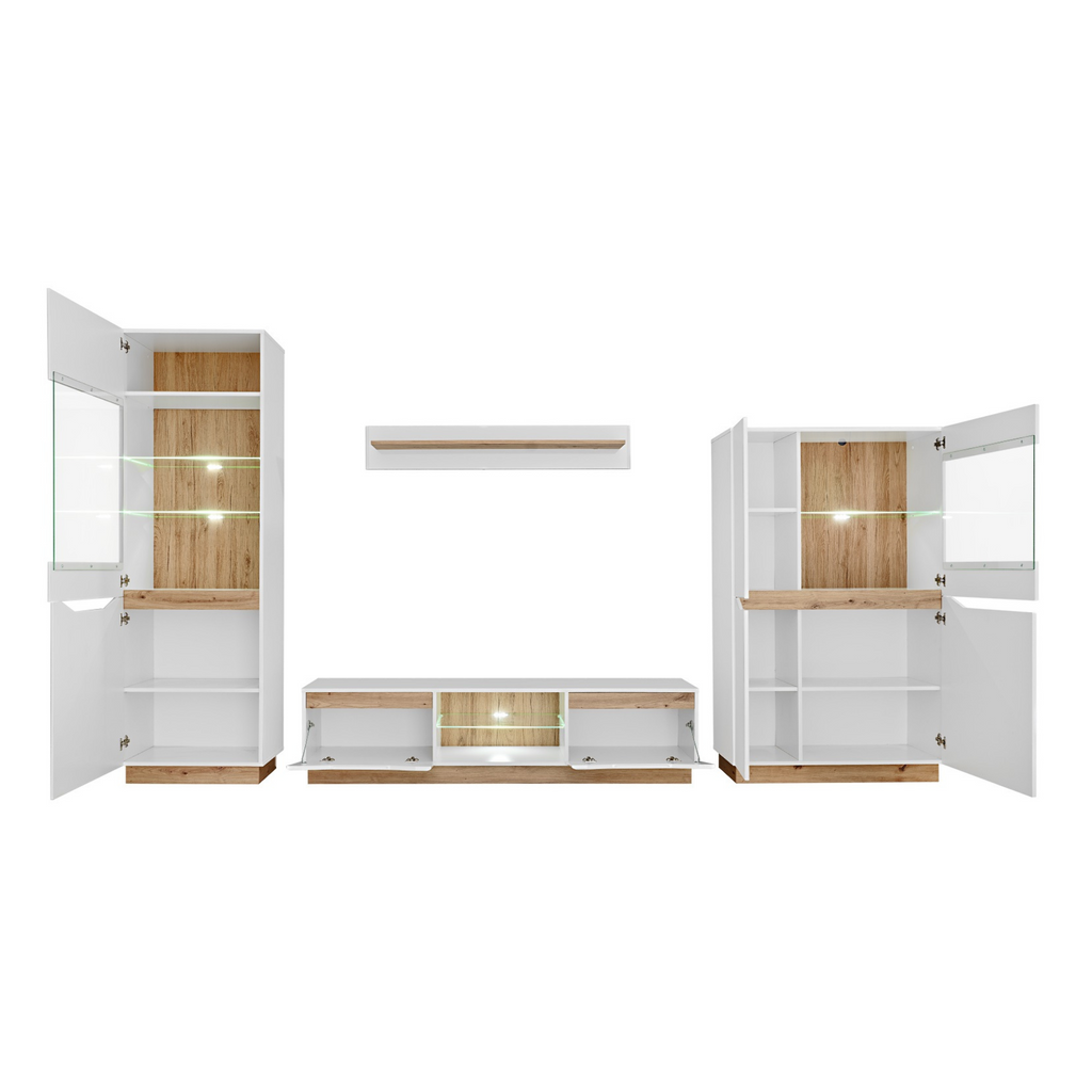 Stěnová jednotka FAME - sada nábytku do obývacího pokoje - řemeslný dub / bílý lesk