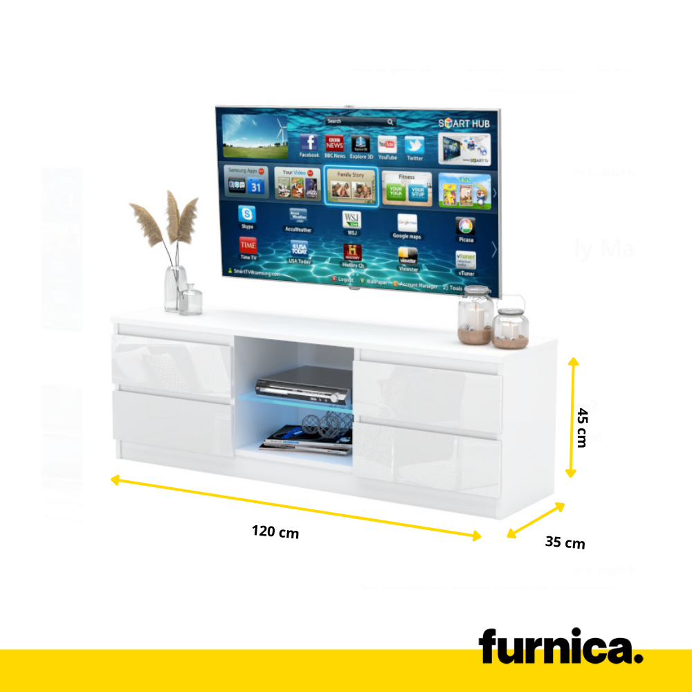 MARCO - TV stolík s 4 šuplíky a 1 skleněnou poličkou - V45cm Š120cm H35cm - bílý matný / bílý lesk