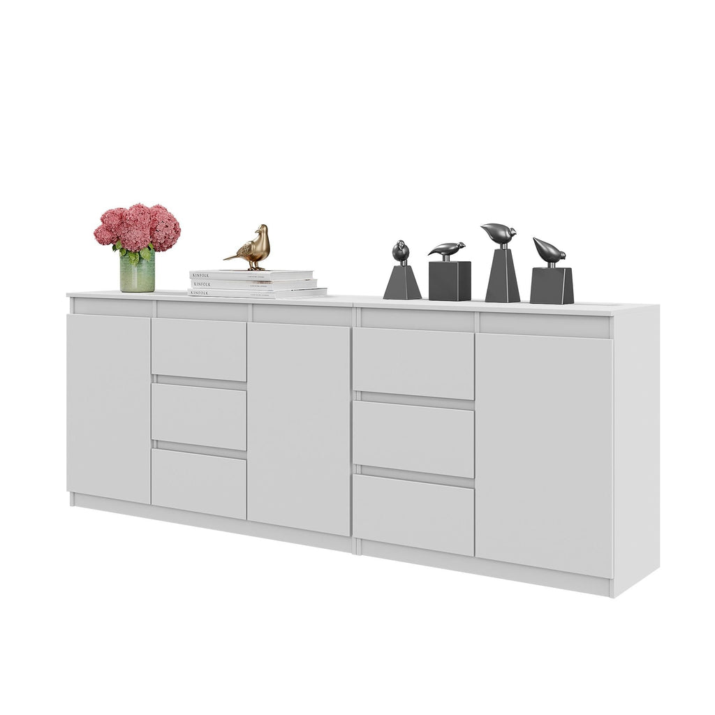 MIKEL - Komoda se 6 šuplíky a 3 dveřmi - Skříň na oblečení do ložnice - Bílý mat / Bílý mat - Výška 75 cm, šířka 200 cm, hloubka 35 cm.