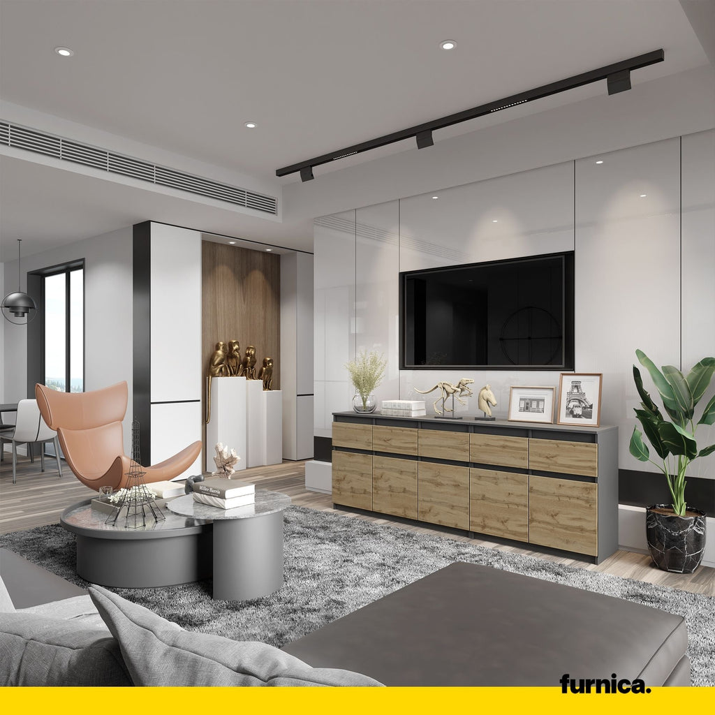 NOAH - Komoda se 5 šuplíky a 5 dveřmi - Skříň na uložení oblečení do ložnice - Anthracit / Wotan dub - V: 75 cm, Š: 200 cm, H: 35 cm