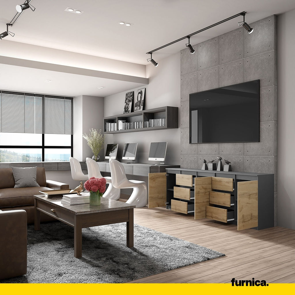 MIKEL - Komoda se 6 šuplíky a 3 dveřmi - Skříň na oblečení do ložnice - Anthracit / Wotan dub H75cm Š200cm H35cm