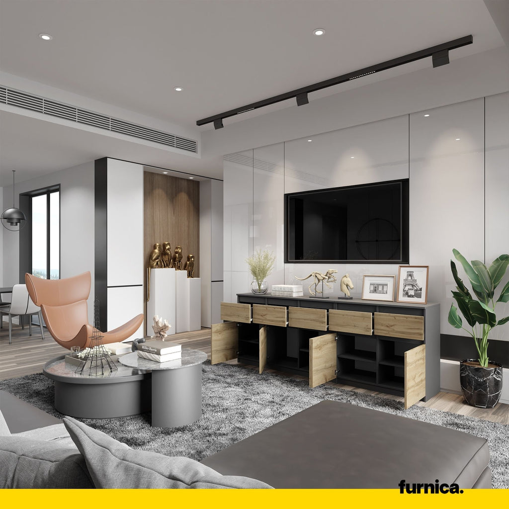 NOAH - Komoda se 5 šuplíky a 5 dveřmi - Skříň na uložení oblečení do ložnice - Anthracit / Wotan dub - V: 75 cm, Š: 200 cm, H: 35 cm