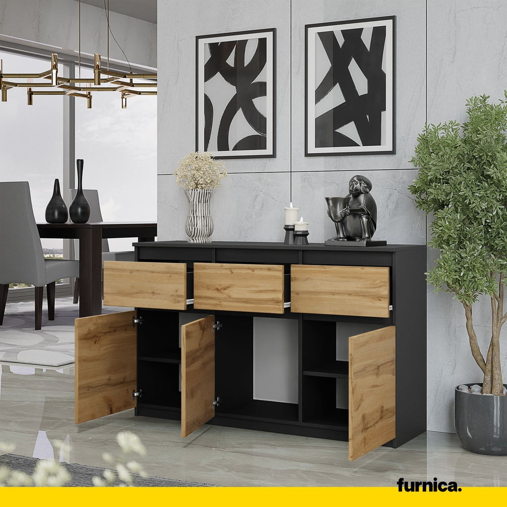 NOAH - Komoda se 3 šuplíky a 3 dveřmi - Skříň na uložení oblečení do ložnice - Anthracit / Wotan dub H75cm W120cm D35cm