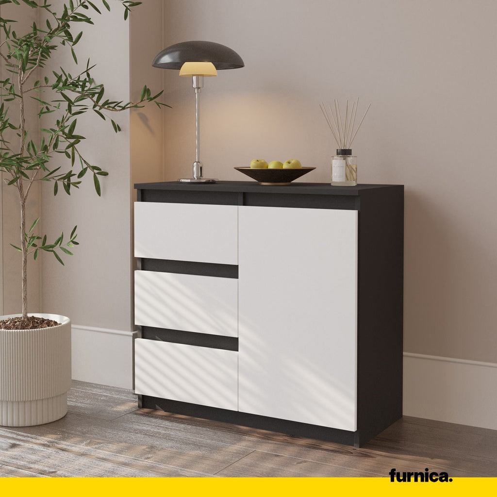 MIKEL - Komoda se 3 šuplíky a 1 dveřmi - Skříň na uložení oblečení do ložnice - Anthracit / Matně bílá - Výška 75 cm, šířka 80 cm, hloubka 35 cm.