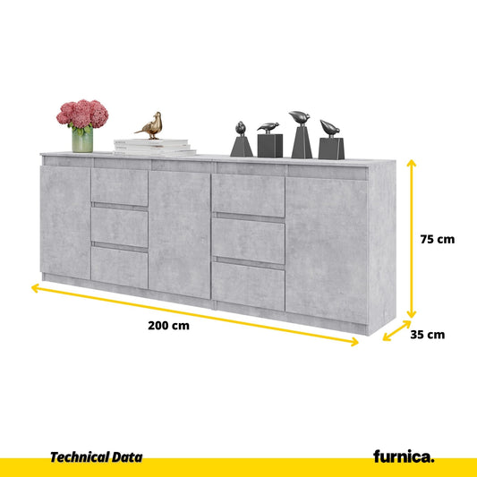 MIKEL - Komoda se 6 šuplíky a 3 dveřmi - Skříň na oblečení do ložnice - Betonová - V: 75 cm, Š: 200 cm, H: 35 cm