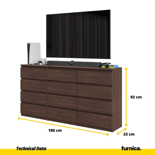 GABRIEL - Komoda se 12 šuplíky (8+4) - Skříň na oblečení do ložnice - úložný prostor - Wenge - V92cm Š180cm H33cm