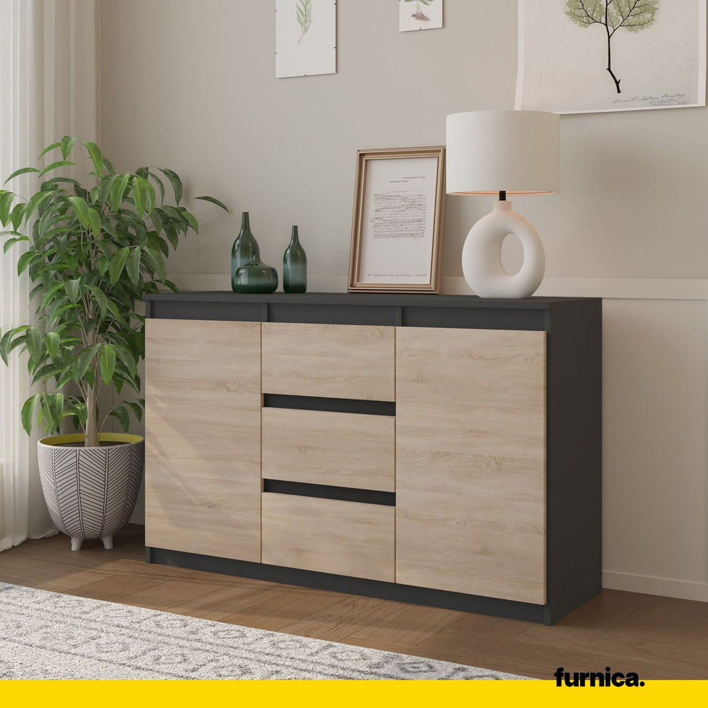 MIKEL - Komoda se 3 šuplíky a 2 dveřmi - Skříň na uložení oblečení do ložnice - Anthracit / Sonoma dub - Výška 75 cm, šířka 120 cm, hloubka 35 cm.