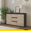 MIKEL - Komoda se 3 šuplíky a 2 dveřmi - Skříň na uložení oblečení do ložnice - Anthracit / Sonoma dub - Výška 75 cm, šířka 120 cm, hloubka 35 cm.