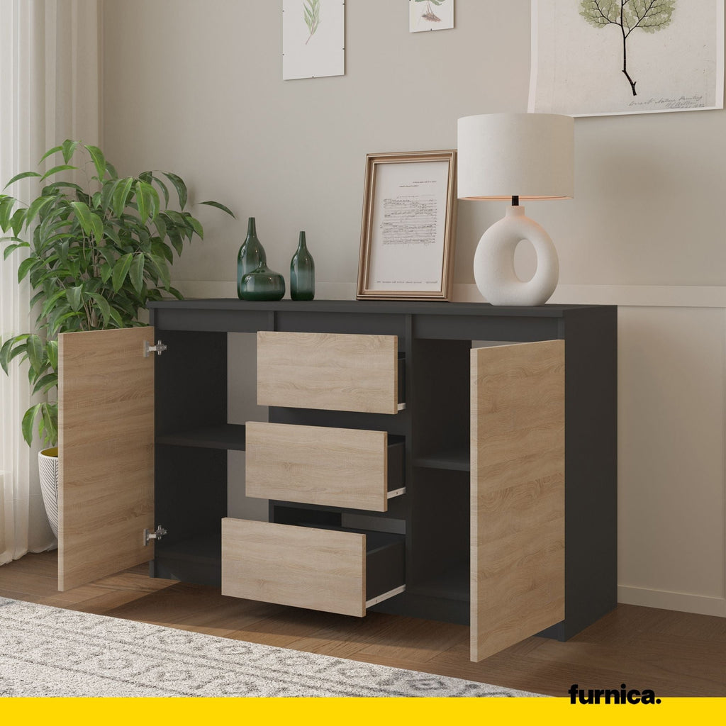 MIKEL - Komoda se 3 šuplíky a 2 dveřmi - Skříň na uložení oblečení do ložnice - Anthracit / Sonoma dub - Výška 75 cm, šířka 120 cm, hloubka 35 cm.