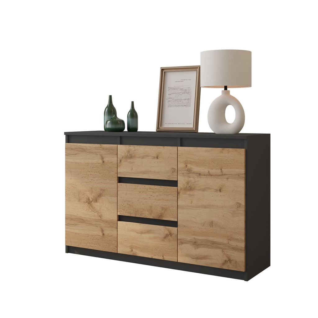 MIKEL - Komoda se 3 šuplíky a 2 dveřmi - Skříň na oblečení do ložnice - Anthracit / Wotan dub H75cm Š120cm D35cm