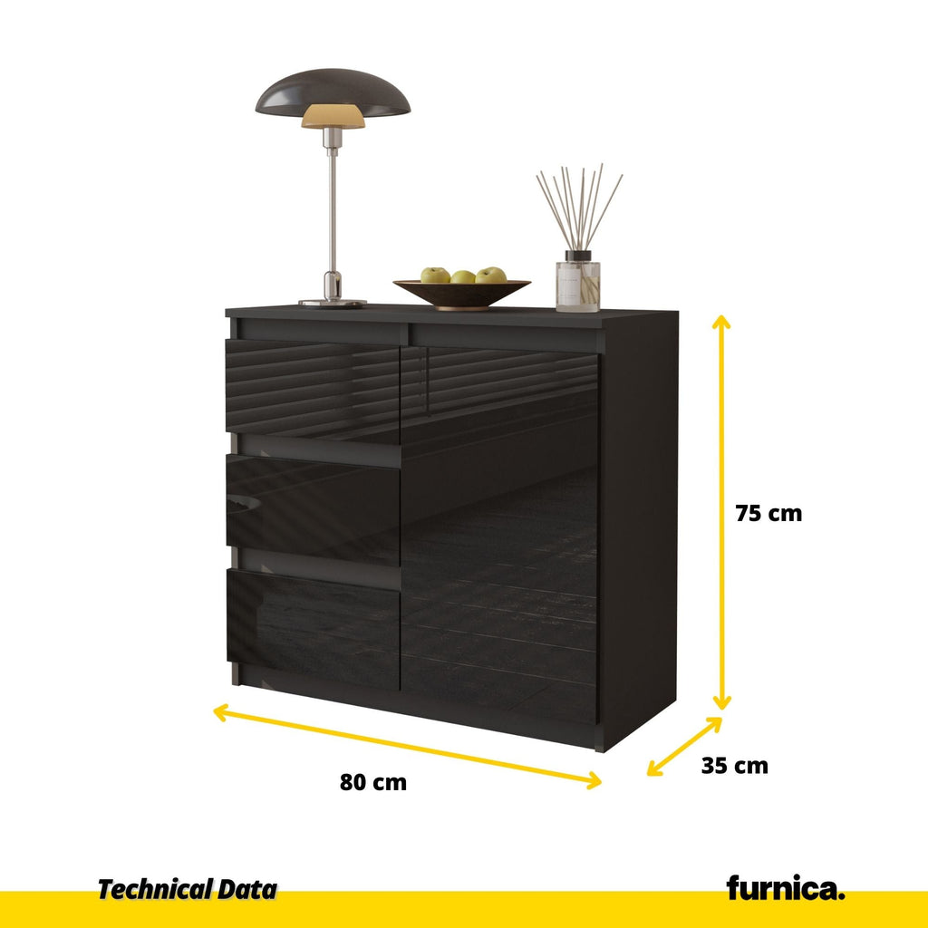 MIKEL - Komoda se 3 šuplíky a 1 dveřmi - Skříň na uložení oblečení do ložnice - Anthracit / Lesklý černý - Výška 75 cm, šířka 80 cm, hloubka 35 cm.