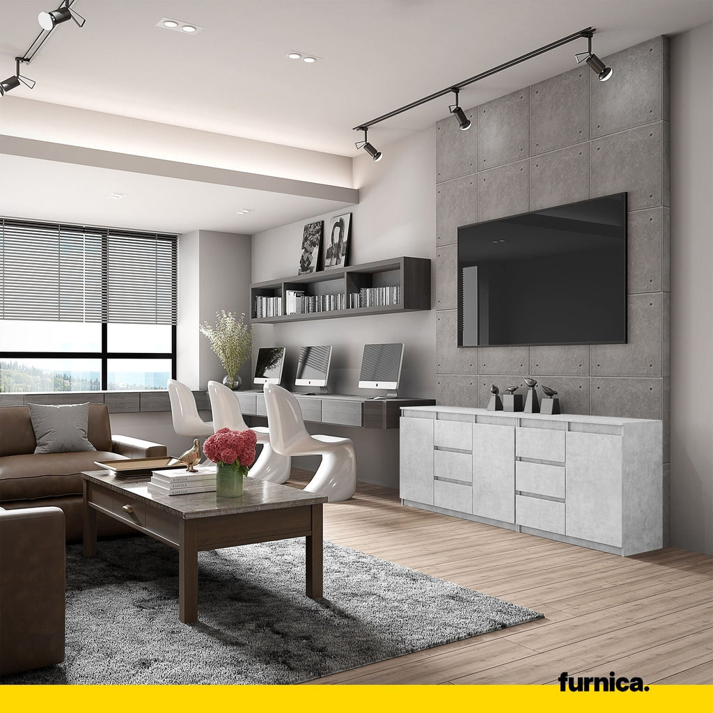 MIKEL - Komoda se 6 šuplíky a 3 dveřmi - Skříň na oblečení do ložnice - Betonová - V: 75 cm, Š: 200 cm, H: 35 cm