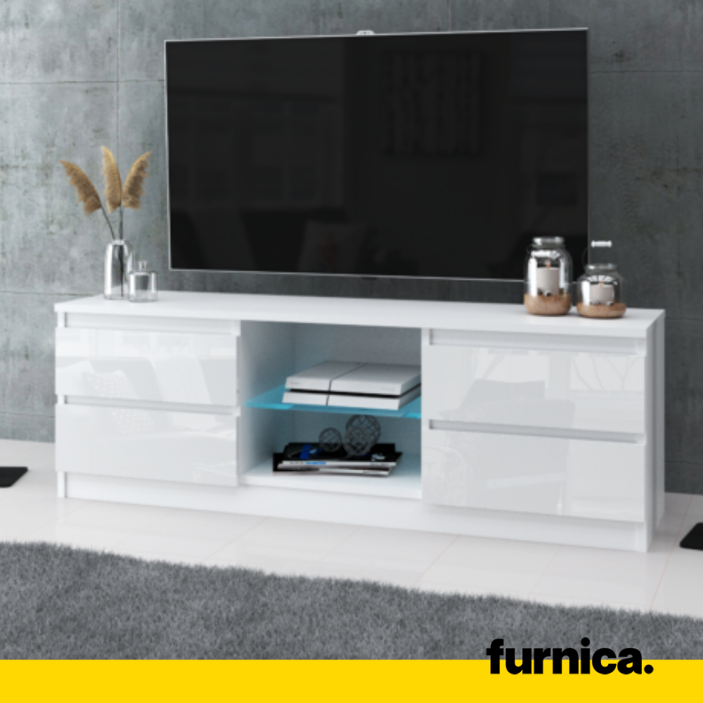 MARCO - TV stolík s 4 šuplíky a 1 skleněnou poličkou - V45cm Š120cm H35cm - bílý matný / bílý lesk