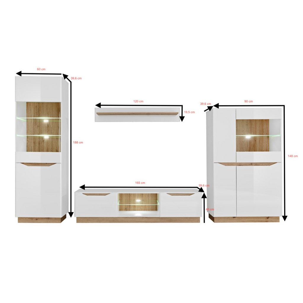 Stěnová jednotka FAME - sada nábytku do obývacího pokoje - řemeslný dub / bílý lesk