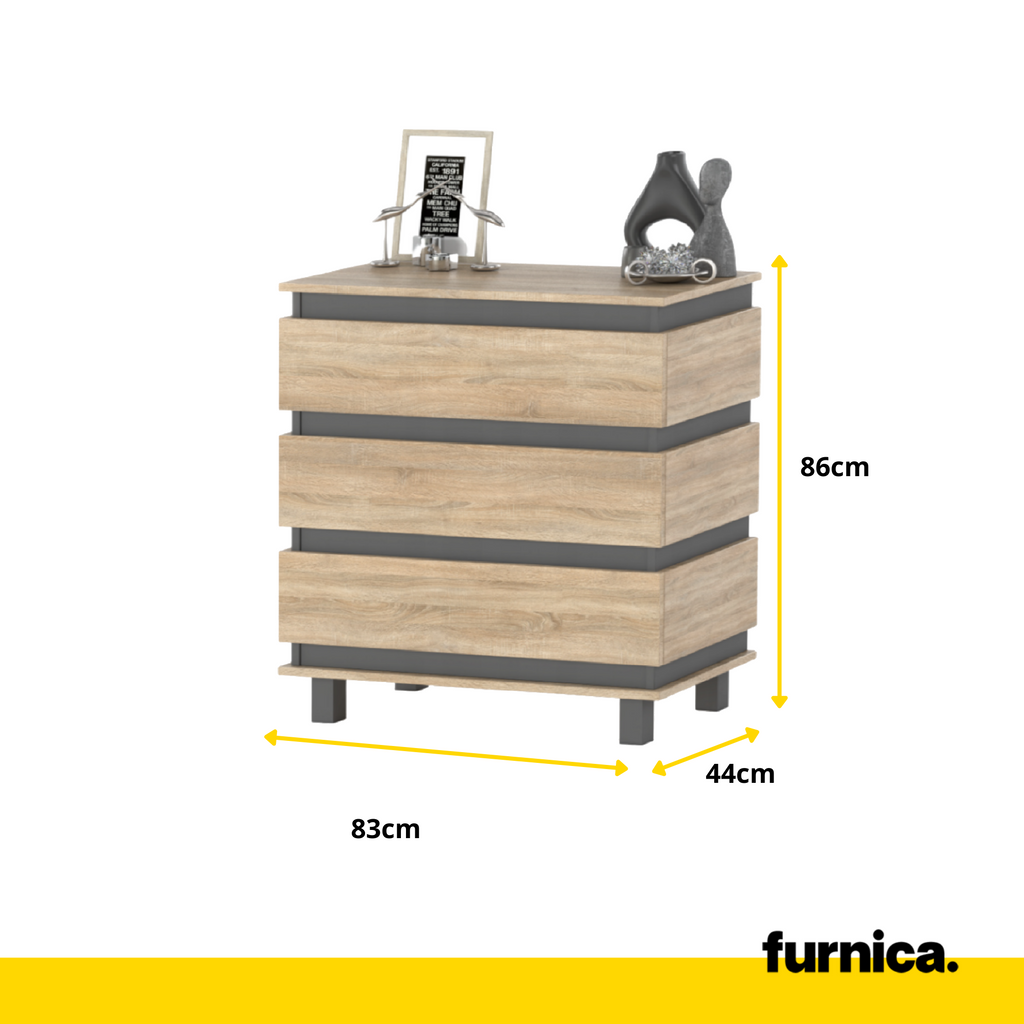MARGARET - Komoda se 3 zásuvkami - Skříň na oblečení do ložnice - Anthracit / Sonoma dub - V: 86 cm, Š: 83 cm, H: 44 cm
