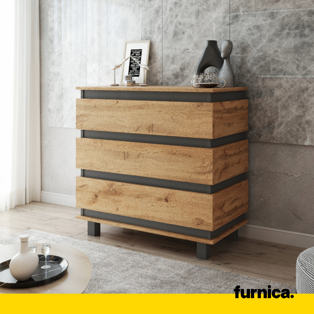 MARGARET - Komoda se 3 šuplíky - Skříň na oblečení do ložnice - Anthracit / Wotan dub H86cm W83cm D44cm