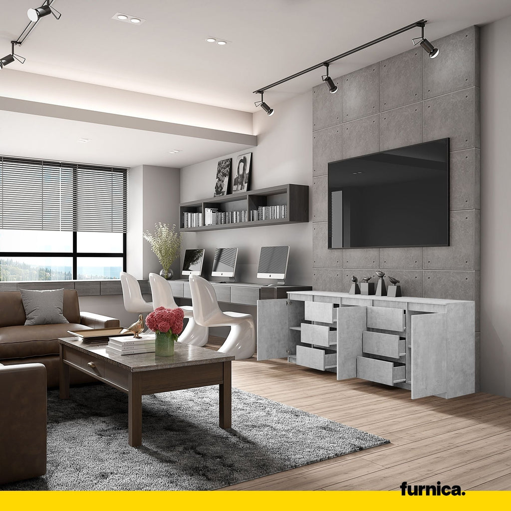 MIKEL - Komoda se 6 šuplíky a 3 dveřmi - Skříň na oblečení do ložnice - Betonová - V: 75 cm, Š: 200 cm, H: 35 cm