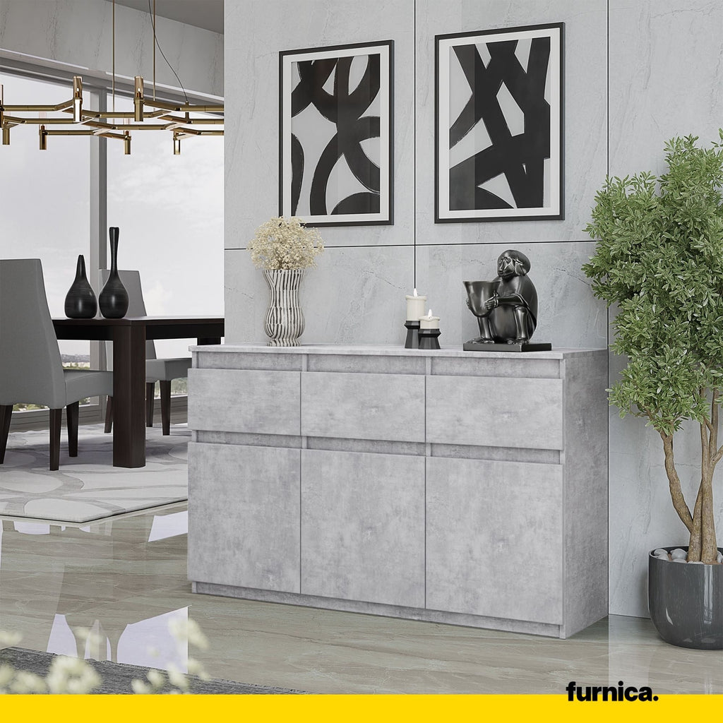 NOAH - Komoda se 3 šuplíky a 3 dveřmi - Skříň na uložení oblečení do ložnice - Betonová - Výška 75 cm, šířka 120 cm, hloubka 35 cm.