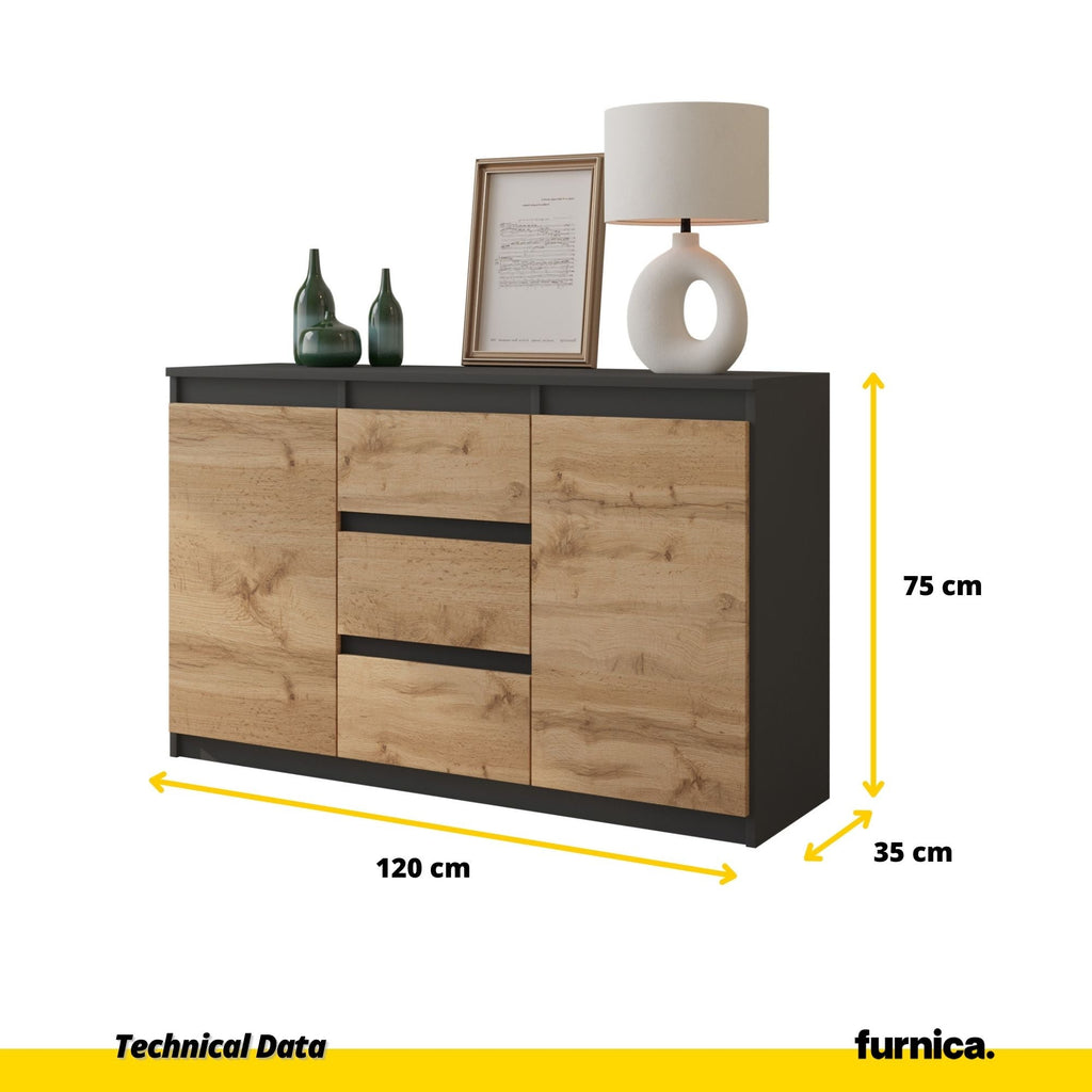 MIKEL - Komoda se 3 šuplíky a 2 dveřmi - Skříň na oblečení do ložnice - Anthracit / Wotan dub H75cm Š120cm D35cm