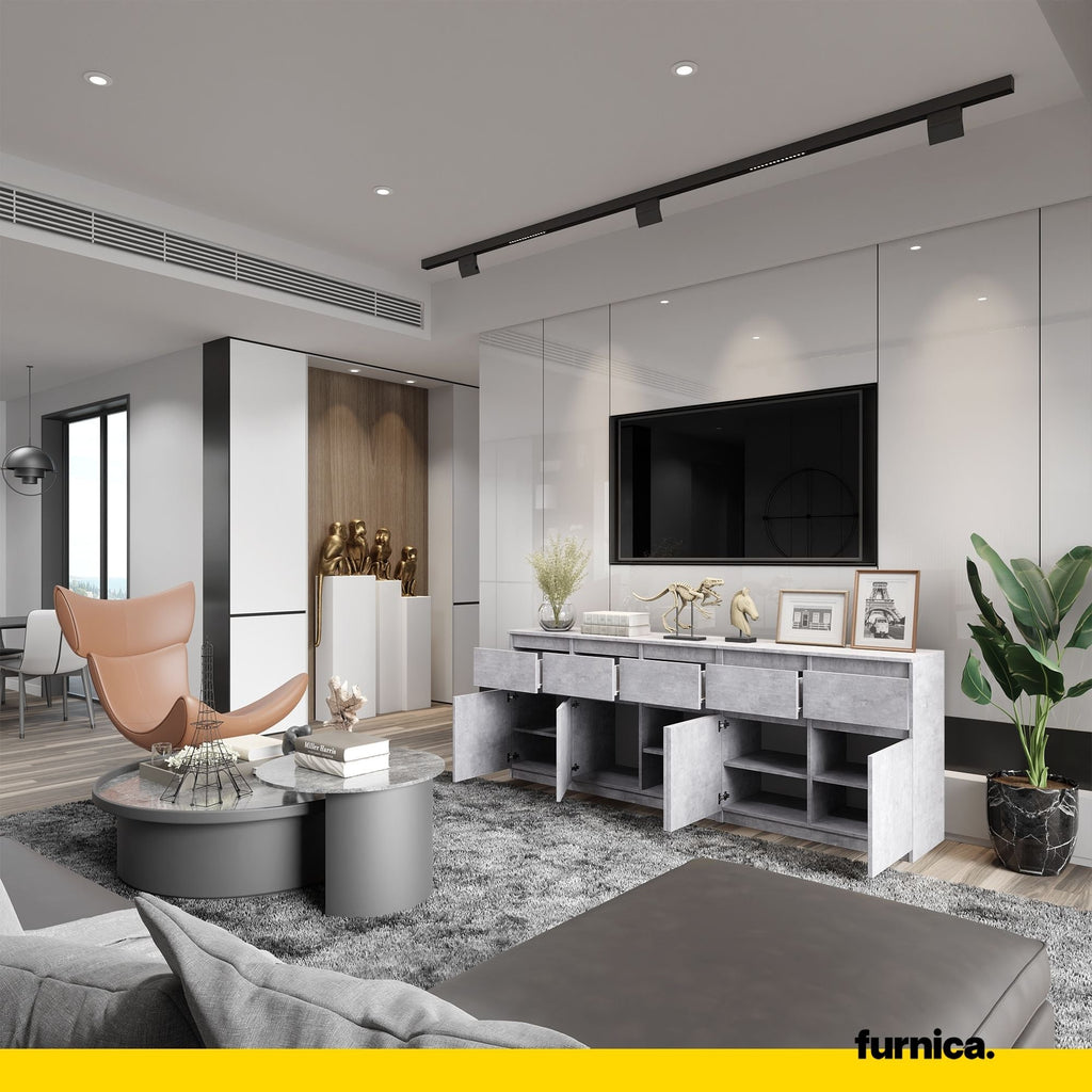 NOAH - Komoda se 5 šuplíky a 5 dveřmi - Skříň na uložení oblečení do ložnice - Betonová - Výška 75 cm, šířka 200 cm, hloubka 35 cm.