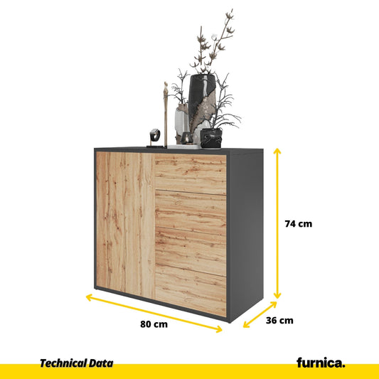 CAMILLE - Skříň s dvířky a 4 zásuvkami s funkcí push to open - antracit / Wotan dub H74cm W80cm D36cm (2) – Furnica
